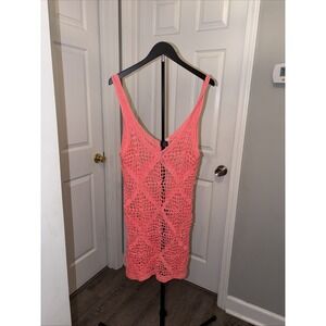 I Love H81 Coral Pink Crochet Diamond Mini Dress / Beach Cover-Up Boho Y2K Large